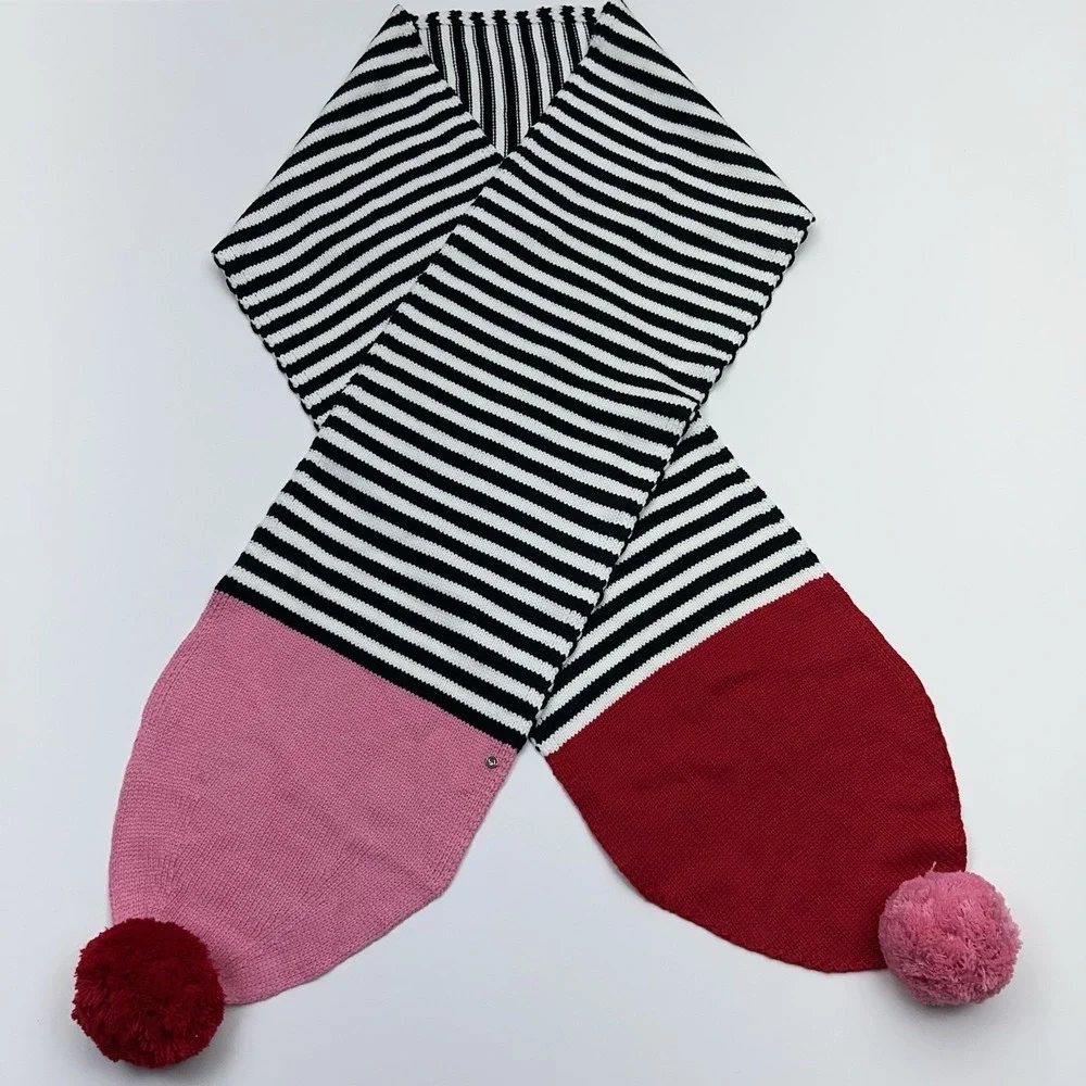 Kate Spade New York Stripe Pom Scarf Black White Charm Red Knitted 9.5